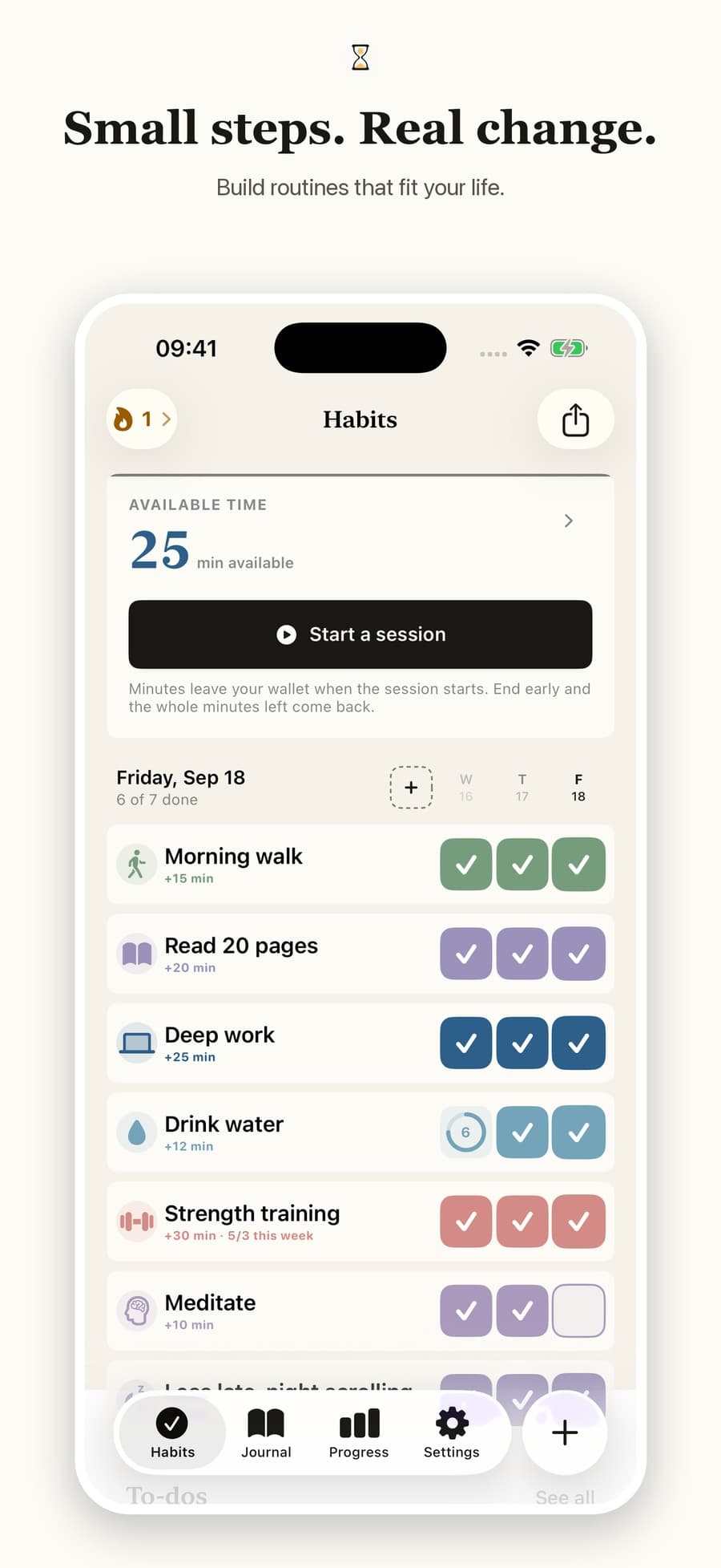 Moventria Habits screen showing completed routines and earned screen time