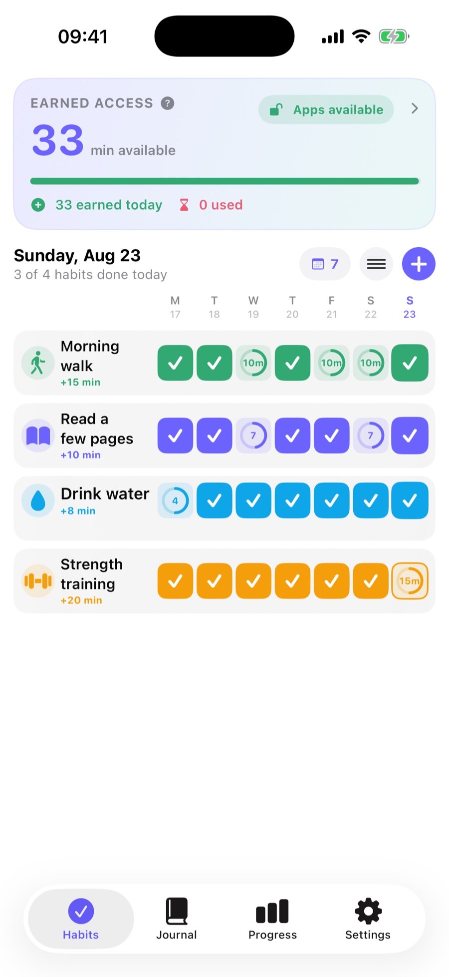 Moventria habits screen showing 25 earned minutes and a week of progress