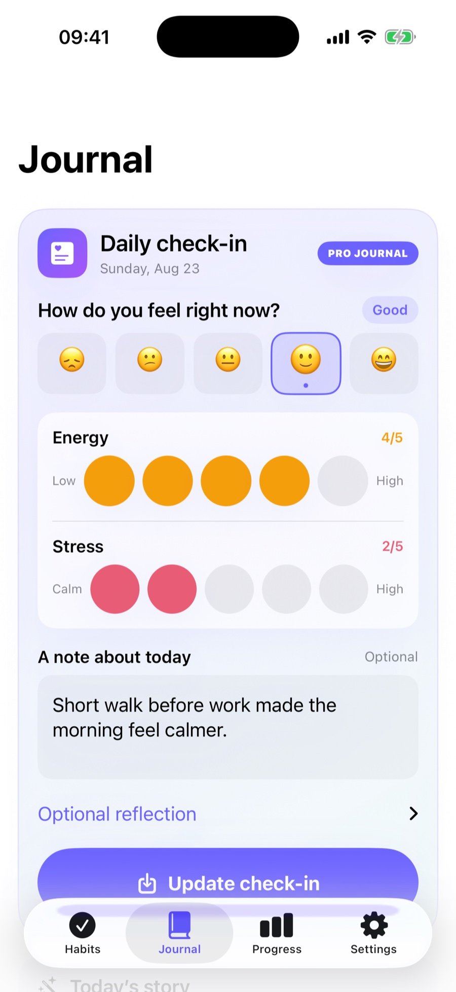 Moventria daily journal check-in with mood, energy and stress