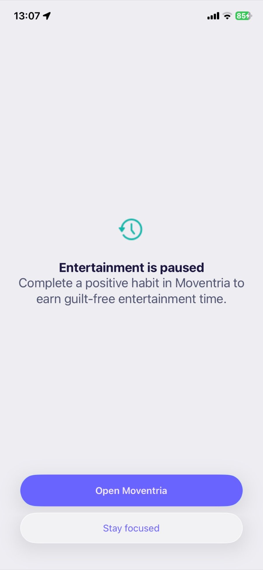 A shielded app showing the Moventria block screen