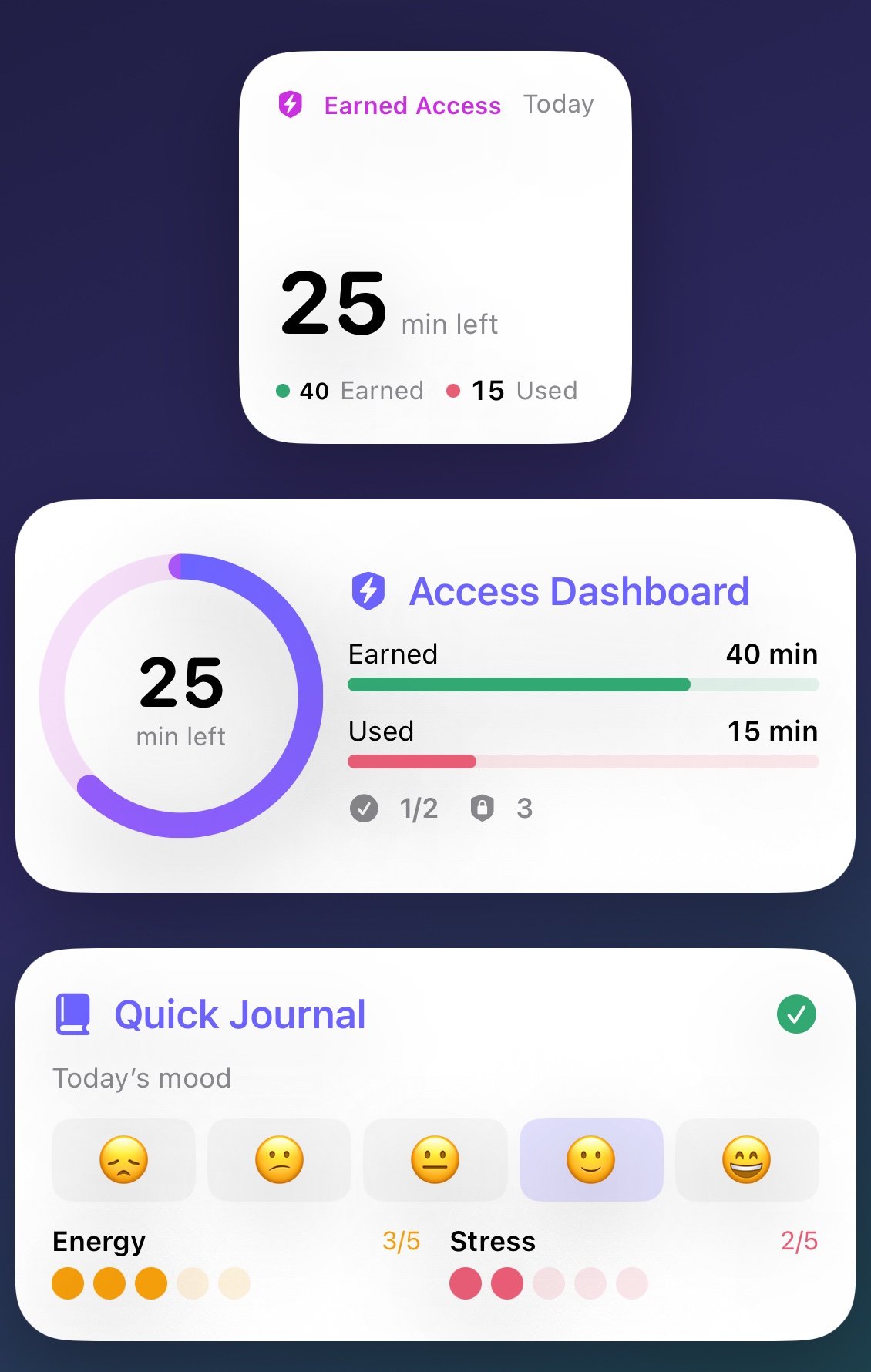 Moventria Earned Access, Access Dashboard, and Quick Journal widgets